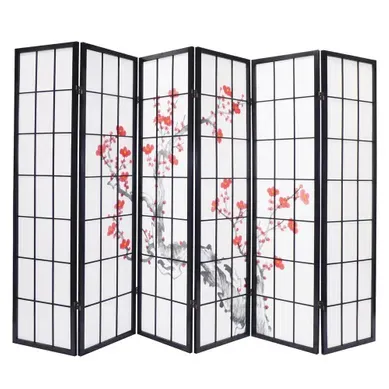 Paravent Bois Noir Avec Fleurs De Cerisier De 6 Pans, Dim: L264 X H176 X P2 Cm Paravent Bois Noir Avec Fleurs De Cerisier De 6 Pans, Dim: L264 X H176 X P2 Cm