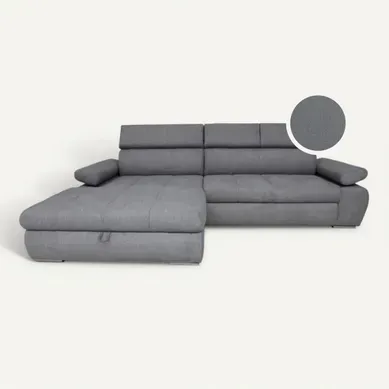 Canapé d'angle convertible méridienne gauche et 1 coffre VEGAS tissu gris clair vue de face