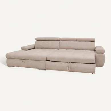 Canapé d'angle convertible méridienne gauche et 1 coffre VEGAS tissu beige Canapé d'angle convertible méridienne gauche et 1 coffre VEGAS tissu beige vue 3/4