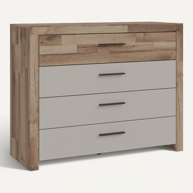 Commode 4 doubles tiroirs RICCIANO imitation chêne et grège vue 3/4
