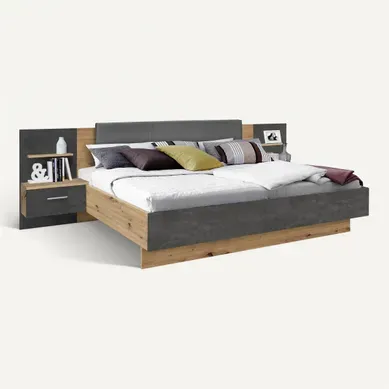 Lit 140x190 cm avec chevets suspendus GINGER imitation chêne et gris foncé Lit 140x190 cm avec chevets suspendus GINGER imitation chêne et gris foncé vue 3/4