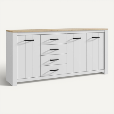 Elara Buffet 206 Cm Blanc Mat et Chêne Bianco, 3 Portes 4 Tiroirs - Forte Elara Buffet 206 Cm Blanc Mat et Chêne Bianco, 3 Portes 4 Tiroirs - Forte