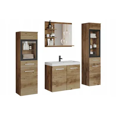 Salle De Bain Suspendue Lavabo 2 Colonnes + Miroir étagères Châtaignier Mat Salle De Bain Suspendue Lavabo 2 Colonnes + Miroir étagères Châtaignier Mat