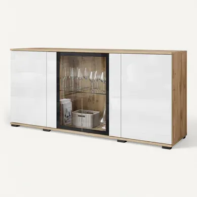 Buffet 150 Cm Vitrine Chêne Wotan Mat / Blanc Brillant Buffet 150 Cm Vitrine Chêne Wotan Mat / Blanc Brillant