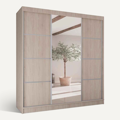 Armoire Vilo II 200cm – Armoire 3 Portes Coulissantes Avec Miroir, 4 Tiroirs, Chêne Sonoma Et Argent Armoire Vilo II 200cm – Armoire 3 Portes Coulissantes Avec Miroir, 4 Tiroirs, Chêne Sonoma Et Argent