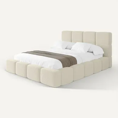 Lit Tapissé Avec Un Coffre De Rangement Et Tête De Lit Tissu Bouclé - Beige Nata 120x200 Cm