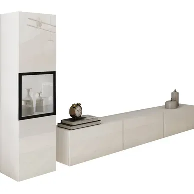 Meuble Mural Brela I Blanc/blanc Brillant Avec éclairage, Ensemble De 2 Pièces