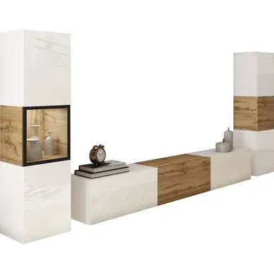 Meuble Mural Brela Iii Blanc/chêne Wotan/blanc Brillant Avec éclairage, Ensemble De 3 Pièces