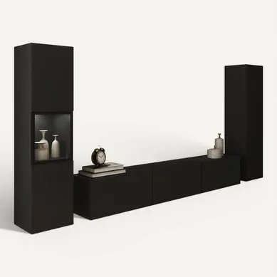 Meuble Mural Brela Iii Noir Avec éclairage, Ensemble De 3 Pièces