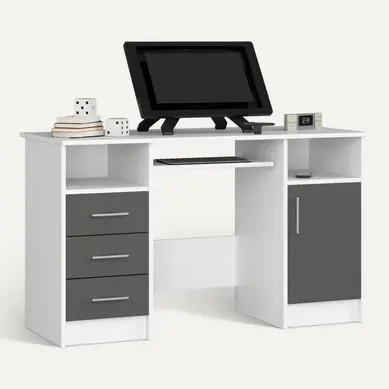 Bureau D'ordinateur Akord Ana Blanc 124 Cm 1 Porte 3 Tiroirs Façade Gris Graphite