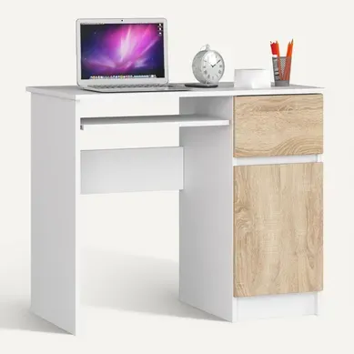 Bureau D'ordinateur Droit Piksel Blanc 90 Cm 1 Porte 1 Tiroir Façade Sonoma 3 étagères 90x50x77