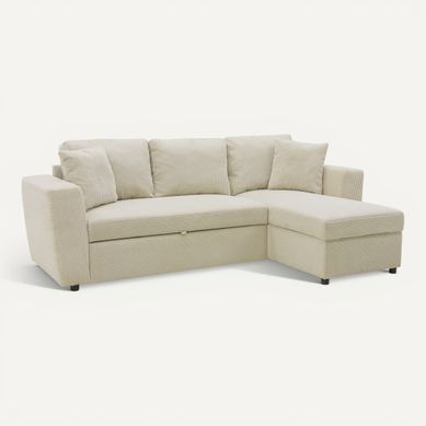 Canapé d'angle méridienne convertible HAPPY velours beige Canapé d'angle méridienne convertible HAPPY velours beige vue 3/4