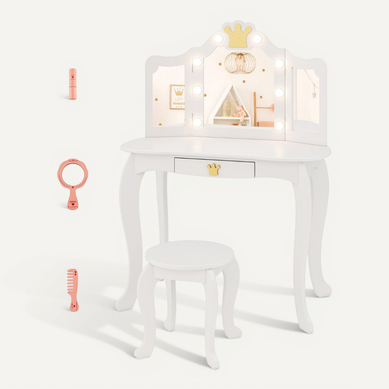 Coiffeuse Enfants, Table De Maquillage Avec Tabouret Miroir Eclairé Pliable Pour 3-7 Ans Blanc