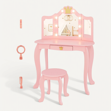 Coiffeuse Enfants, Table De Maquillage Avec Tabouret Miroir Eclairé Pliable Pour 3-7 Ans Rose