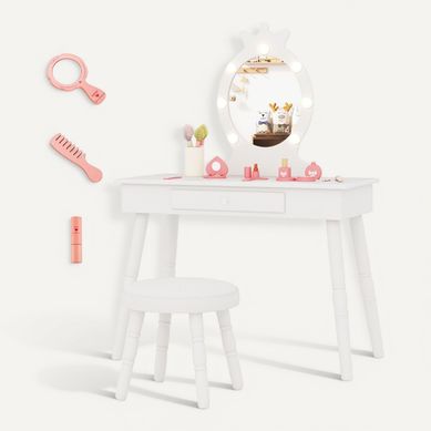 Ensemble De Coiffeuse Pour Enfants Avec Miroir Eclairé Réglable Pour 3-7 Ans Blanc