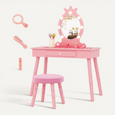 Ensemble De Coiffeuse Pour Enfants Avec Miroir Eclairé Réglable Pour 3-7 Ans Rose