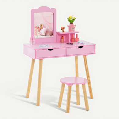 Coiffeuse 2 En 1 Pour Enfants Table De Toilette Et Tabouret En Boisavec 1 Miroir Rectangulaire