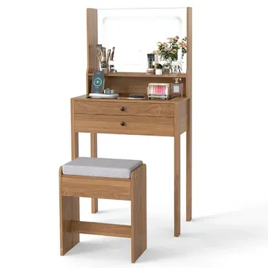 Coiffeuse Avec Miroir et Lumières Petite Table De Maquillage Avec Prises Électriques Naturel