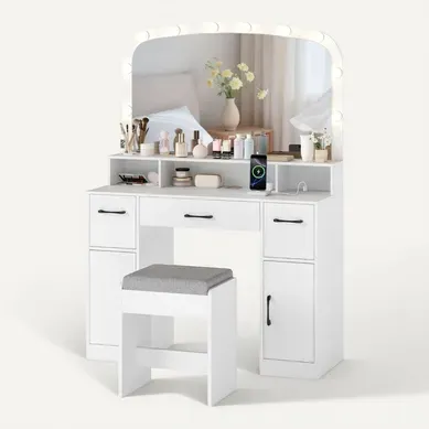 Coiffeuse Avec Miroir Et Éclairage Table De Maquillage De 108 Cm Avec Tabouret Station De Charge 3 Coiffeuse Avec Miroir Et Éclairage Table De Maquillage De 108 Cm Avec Tabouret Station De Charge 3