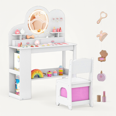 Coiffeuse Pour Enfants LED Avec 2 Tiroirs Bibliothèque à 2 Niveaux 3 Crochets Blanc