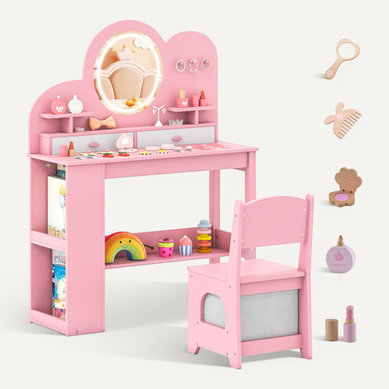 Coiffeuse Pour Enfants LED Avec 2 Tiroirs Bibliothèque à 2 Niveaux 3 Crochets Rose
