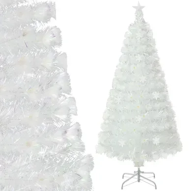 Sapin De Noël Artificiel à Fibre Optique Pré-éclairé 120cm Blanc Avec Feuilles Irisées LED