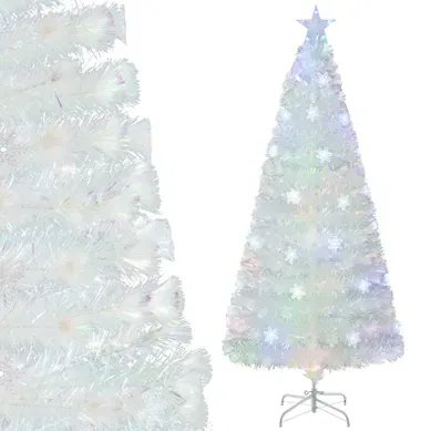 Sapin De Noël Artificiel à Fibre Optique Pré-éclairé 180cm Blanc Avec Feuilles Irisées LED