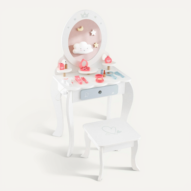 Coiffeuse Et Tabouret Enfants Miroir Ovale Amovible, Tiroir - Table Cosmétique Pour 3+ Ans Blanc