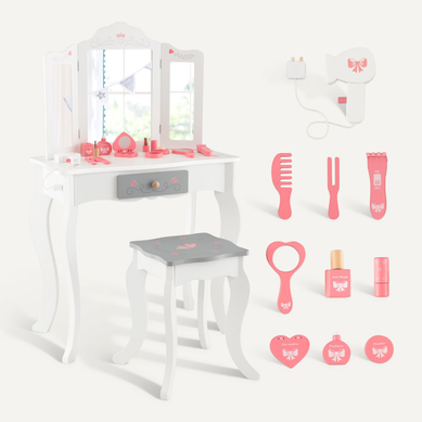 Coiffeuse Et Tabouret Enfants Avec Miroir 10 Jouets D'habillage Et Tiroir Pour 3+ Ans Blanc