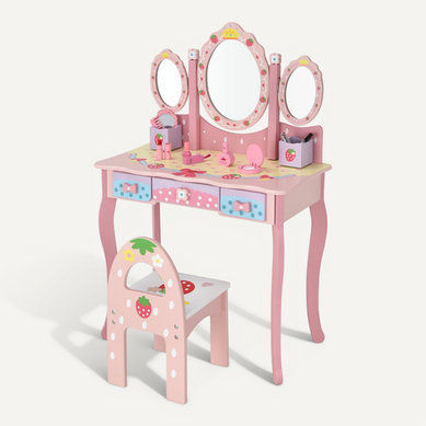 Coiffeuse Enfants Avec Miroir Amovible 3 Tiroirs 2 Boîtes De Style Princesse Pour Filles Rose