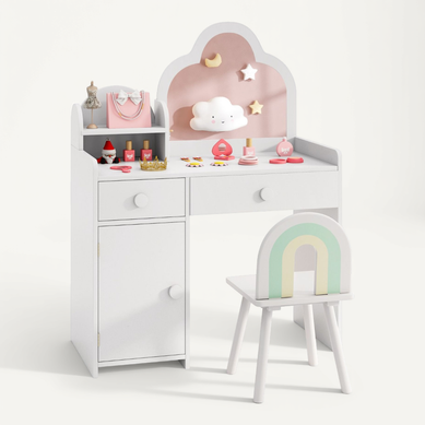 Coiffeuse Enfants Avec Chaise Miroir En Forme De Nuage Etagère Ouverte Tiroirs Pour 3-7 Ans Blanc
