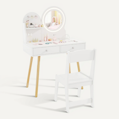 Ensemble De Coiffeuse Enfants, Table De Maquillage Et Chaise Avec Miroir Éclairé Blanc