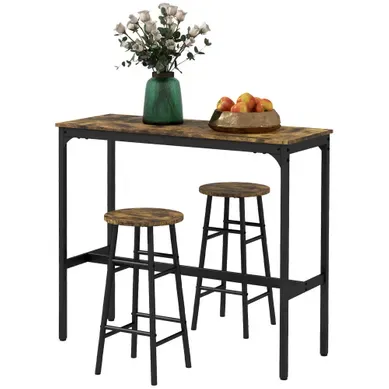 Ensemble Table Haute De Bar + 2 Tabourets Structure En Acier Plateau Aspect Effet Bois D'acajou Noir Ensemble Table Haute De Bar + 2 Tabourets Structure En Acier Plateau Aspect Effet Bois D'acajou Noir