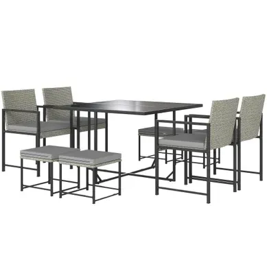 Salon De Jardin Extérieur En Résine Tressée 8 Pl. Avec Coussins Et Plateau En Verre Trempé, Gris Salon De Jardin Extérieur En Résine Tressée 8 Pl. Avec Coussins Et Plateau En Verre Trempé, Gris
