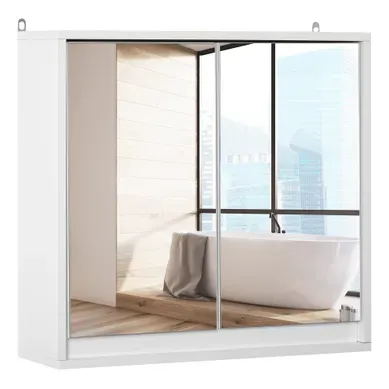 Armoire De Toilette, Armoire Murale Salle De Bain Avec Miroir Bois Blanc 48x14.5x45cm Armoire De Toilette, Armoire Murale Salle De Bain Avec Miroir Bois Blanc 48x14.5x45cm