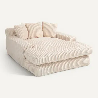 Méridienne 2 Places En Velours Côtelé Beige – Double Couche et Assise Ultra Basse - 125x155x63cm