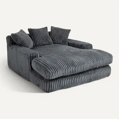 Méridienne 2 Places en Velours Côtelé Gris – Double Couche et Assise Ultra Basse - 125x155x63cm