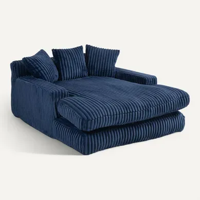 Méridienne 2 Places Velours Côtelé Bleu - Double Assise Rembourrée - Style Rétro Et Accueillant