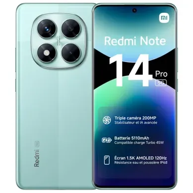 Redmi Note 14 Pro 5g 16,9 Cm (6.67") Double Sim USB Type-c 8 Go 256 Go 5110 Mah Vert Redmi Note 14 Pro 5g 16,9 Cm (6.67") Double Sim USB Type-c 8 Go 256 Go 5110 Mah Vert