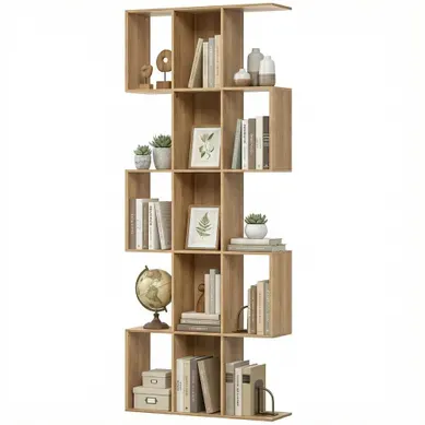 Bibliothèque à 5 Niveaux, étagère De Rangement En Forme S, 80x24x200cm, Chêne