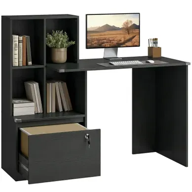 Bureau D'ordinateur Avec Bibliothèque 4 Compartiments Et Tiroir Verrouillable, 126x50x109cm, Noir Bureau D'ordinateur Avec Bibliothèque 4 Compartiments Et Tiroir Verrouillable, 126x50x109cm, Noir