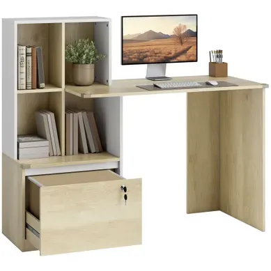 Bureau D'ordinateur Avec Bibliothèque Et Tiroir Verrouillable, 126x50x109cm, Chêne Et Blanc