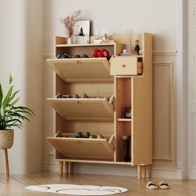 Meuble à Chaussures En Bois Et Rotin, 3 Portes Basculantes, 1 Tiroir, Pieds En Bois, L90×h125×p17 Cm Meuble à Chaussures En Bois Et Rotin, 3 Portes Basculantes, 1 Tiroir, Pieds En Bois, L90×h125×p17 Cm