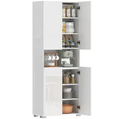 Buffet Haut De Cuisine, Meuble Cuisine, 4 portes à Fermeture Douce 68x34x180cm, Blanc Brillant Buffet Haut De Cuisine, Meuble Cuisine, 4 portes à Fermeture Douce 68x34x180cm, Blanc Brillant