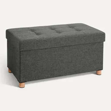 Pouf, Bout De Lit, Rembourré Pliable, Coffre, Pieds En Bois Massif, Gris Foncé