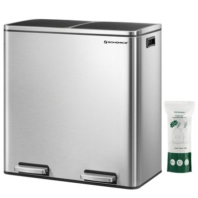 Poubelle à Double Compartiment 2 x 30L, avec 15 Sacs Poubelles, Pédales en Métal