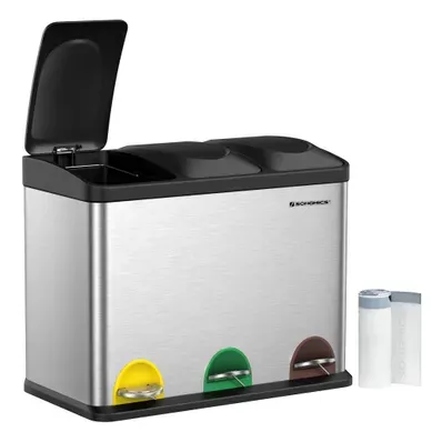 Poubelle De Tri, En Acier Inoxydable, 45l, 3 X 15l, Avec Seaux Intérieurs, Argent Et Noir Poubelle De Tri, En Acier Inoxydable, 45l, 3 X 15l, Avec Seaux Intérieurs, Argent Et Noir
