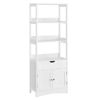 Meuble De Salle De Bain Avec 3 Compartiments Ouverts, 1 Tiroir, 1 Placard, 60 X 32,5 X 154 Cm Meuble De Salle De Bain Avec 3 Compartiments Ouverts, 1 Tiroir, 1 Placard, 60 X 32,5 X 154 Cm