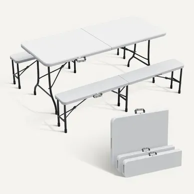 Ensemble De Table Et Bancs Camping Pliables 180 cm Hdpe Blanc