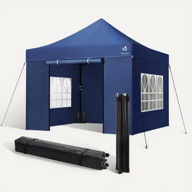 Tonnelle De Jardin Renforcée 3x3m Pliable Avec 4 Parois Et Sac De Transport A Roulette Bleue